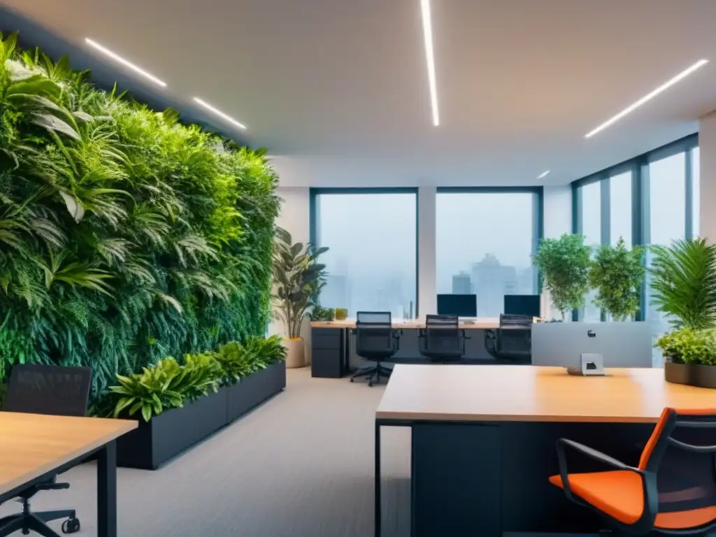 Coworking moderno con ambiente verde y diversidad profesional Un espacio coworking moderno y vibrante con servicios adicionales, profesionales colaborando en un ambiente luminoso