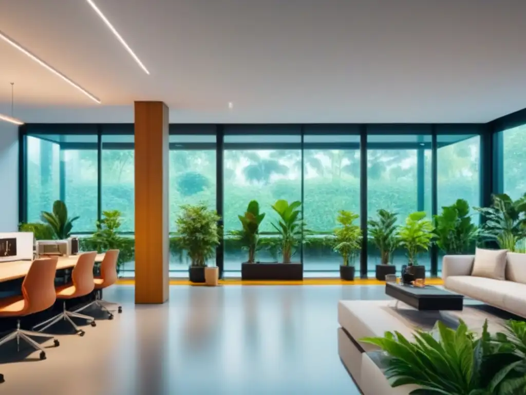 Espacio coworking futurista: profesionales colaborando en proyectos innovadores en un entorno natural y tecnológico postpandemia Un espacio de coworking postpandemia donde profesionales colaboran en proyectos innovadores entre naturaleza y tecnología