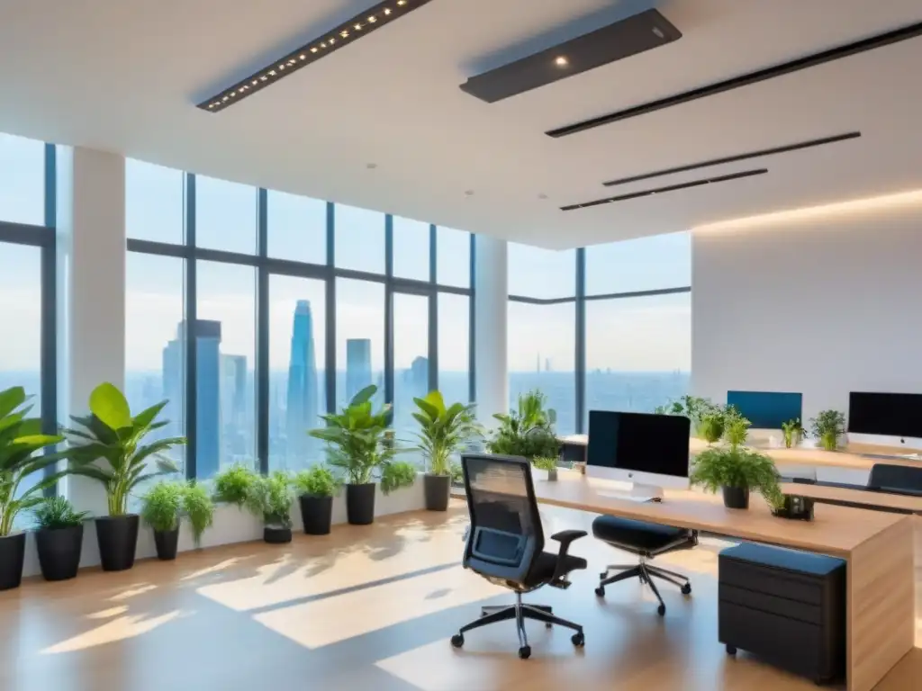 Espacio coworking futurista y sostenible con vistas urbanas Un espacio coworking rentable, innovador y sostenible con luz natural y vistas urbanas