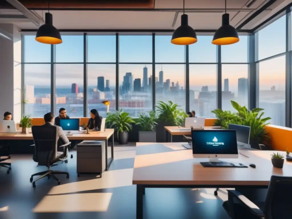 Oficina colaborativa moderna y vibrante con diversidad de emprendedores Espacio coworking vibrante con emprendedores colaborando en modernas estaciones de trabajo, bañado por luz natural