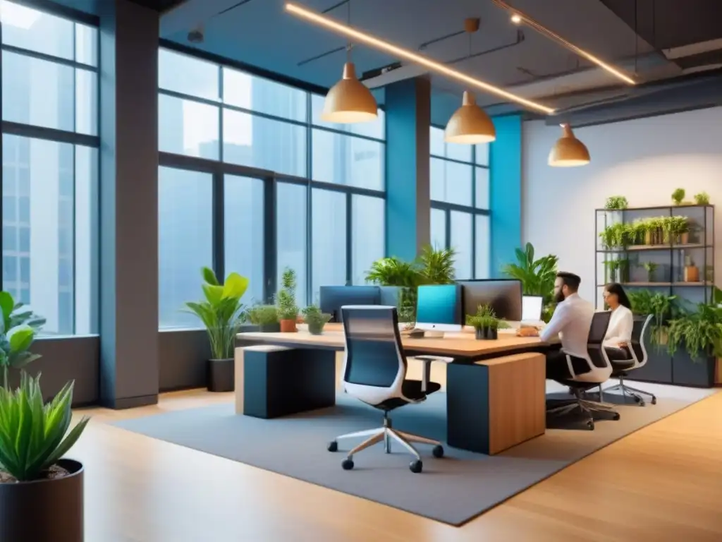 Un espacio de coworking vibrante y futurista con luz natural, mobiliario moderno y profesionales colaborando en una ciudad