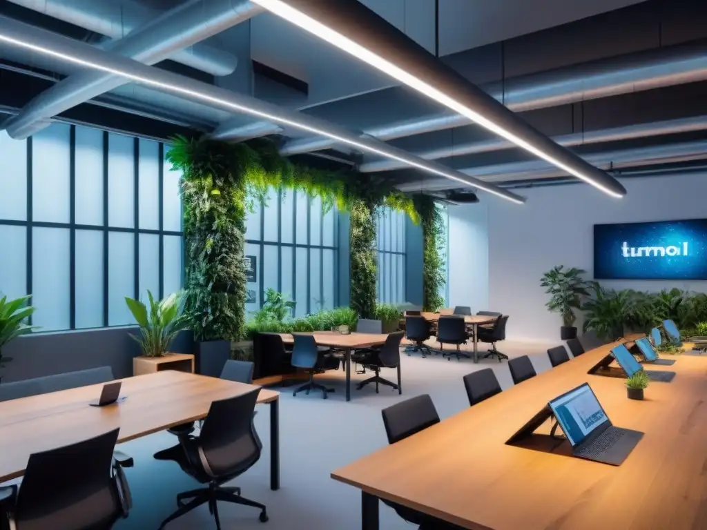 Espacio de coworking futurista: innovación y armonía postpandemia Un espacio de coworking postpandemia vibrante y futurista con oficinas de cristal, tecnología avanzada y áreas comunales dinámicas