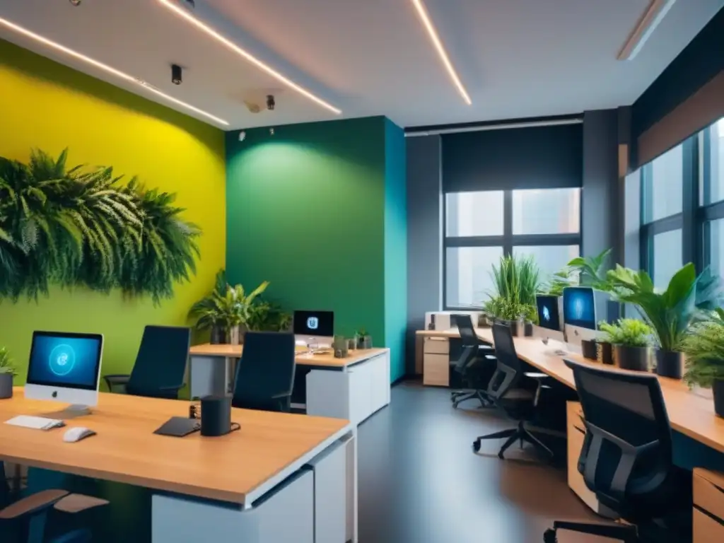 Espacio de coworking moderno y vibrante con profesionales colaborativos Un espacio de coworking postpandemia vibrante y moderno, con luz natural, estaciones de trabajo elegantes, plantas verdes, arte colorido, profesionales colaborativos y enfocados