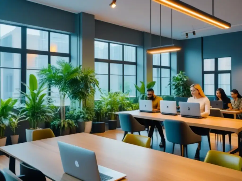 Espacio de coworking vibrante con diversidad y energía Un espacio de coworking vibrante con nómadas digitales trabajando en laptops, rodeados de plantas verdes, mobiliario moderno y luz natural