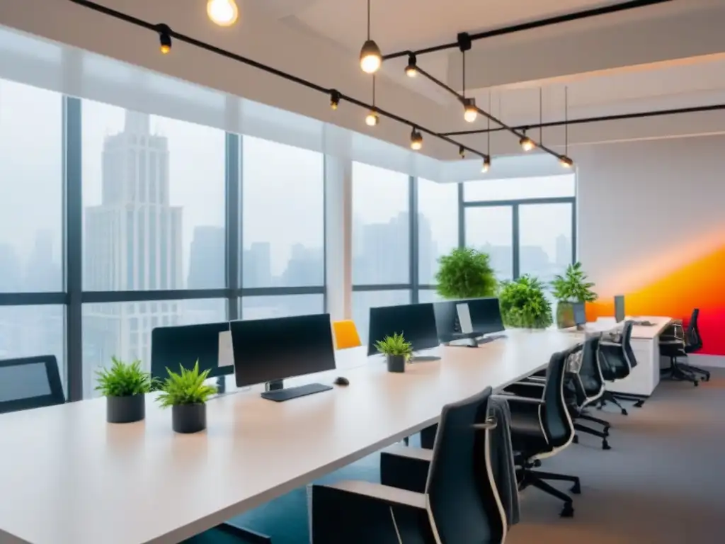 Espacio de coworking vibrante y colaborativo en la ciudad Un espacio coworking vibrante con profesionales colaborando en un ambiente moderno y luminoso, estrategias rentabilidad espacios coworking