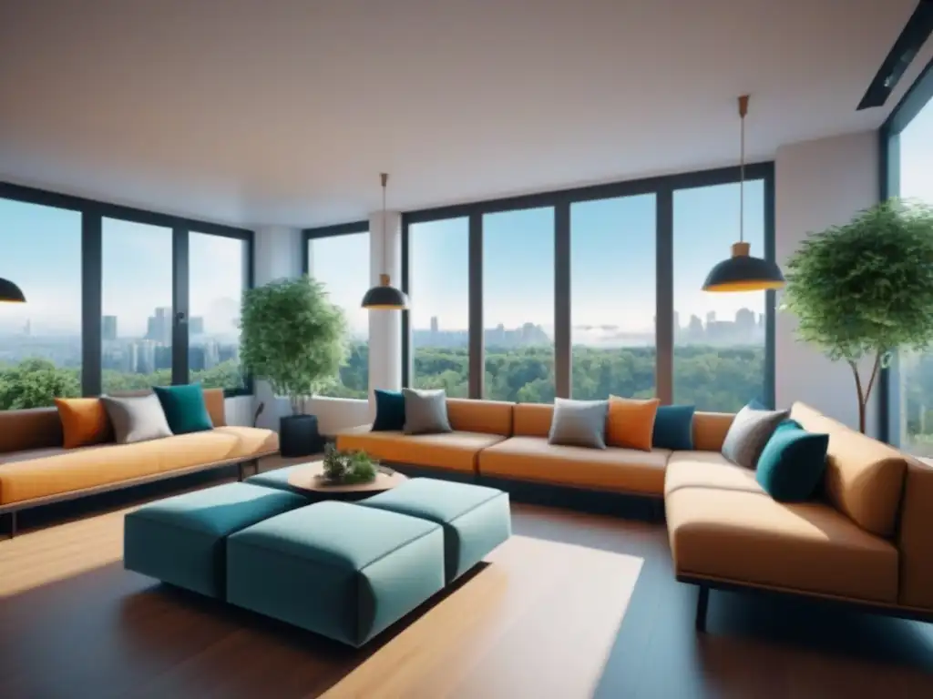 Espacio de convivencia futurista: diseño vanguardista y confort Un espacio de coliving futurista con diseño innovador y tecnología inteligente, bañado en luz natural
