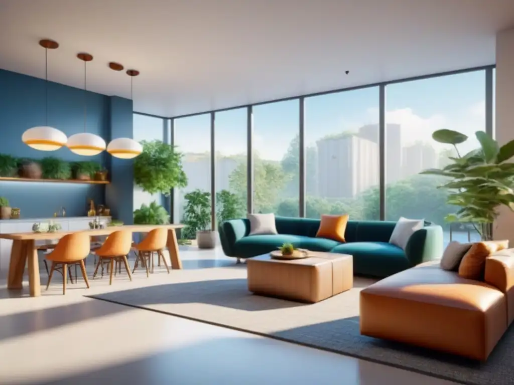 Coliving futurista: diseño moderno, comunidad vibrante y sostenibilidad Un espacio de coliving futurista con diseño moderno y verde, residentes diversos disfrutan de actividades sociales