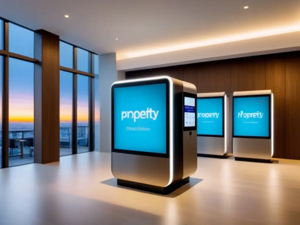 Recepción automatizada en lobby moderno: tecnología y calidez humana Un espacio de lobby moderno donde la tecnología y la calidez humana se fusionan en relaciones con inquilinos en digital