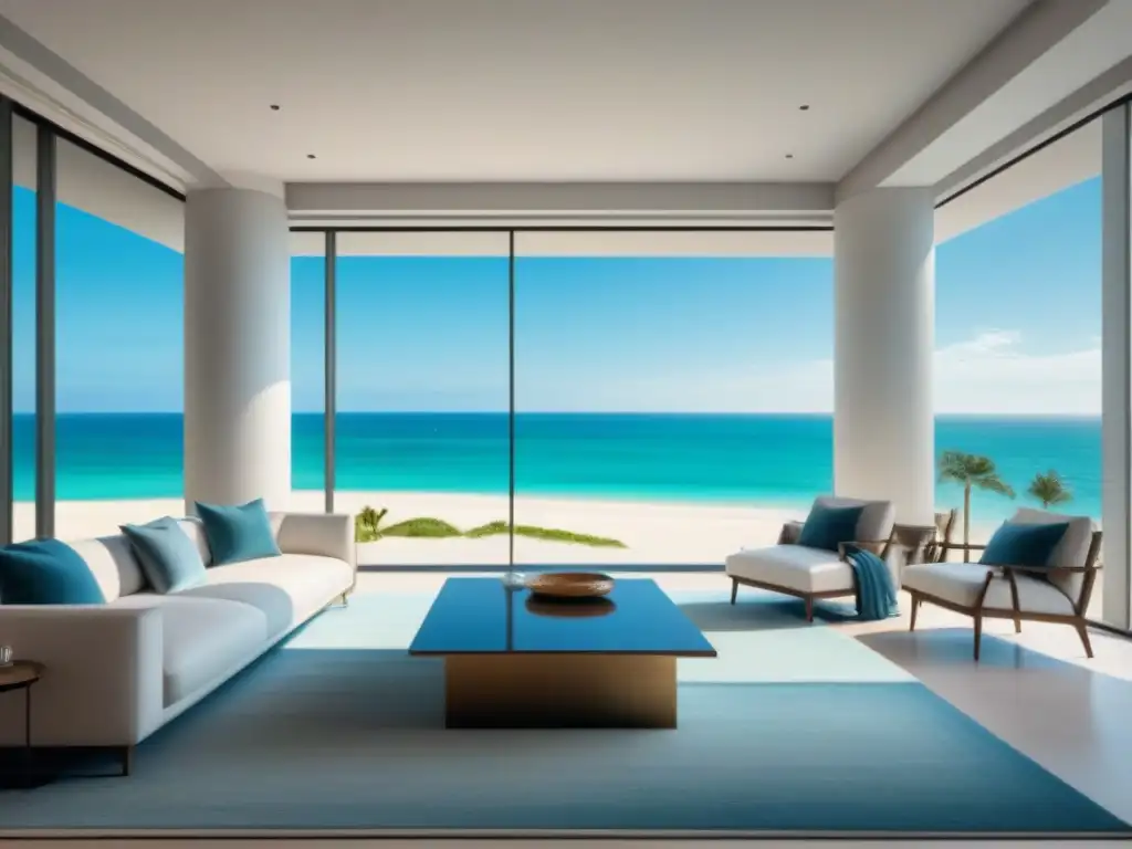 Salón de lujo con vista al mar en condominio de alto standing Espacio de lujo en condominio con vista al mar, muebles contemporáneos y paleta de colores neutros