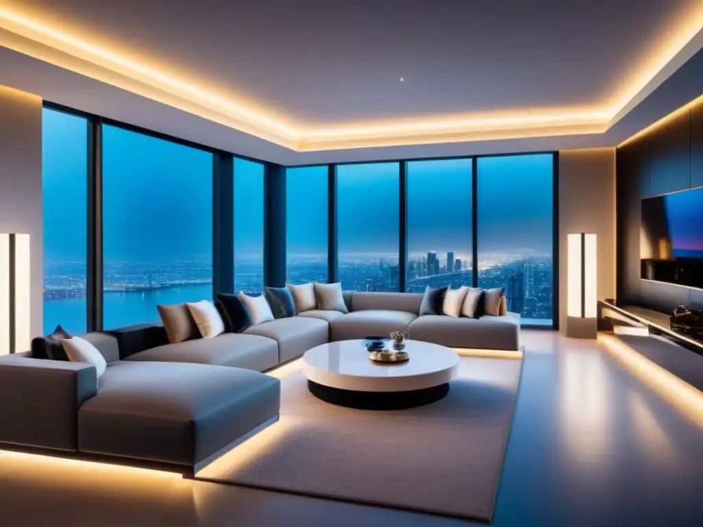 Interior de lujo futurista con tecnología inteligente integrada Un espacio de lujo futurista con tecnología vanguardia para inversores en propiedades de lujo