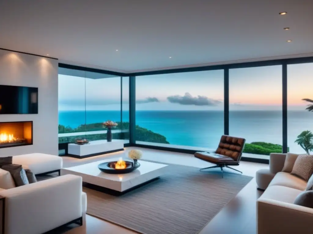 Sala de estar de lujo en resort exclusivo con vista al mar Un espacio de lujo con muebles contemporáneos elegantes, ventanas panorámicas y decoración exquisita, bañado por la luz natural y una vista al mar