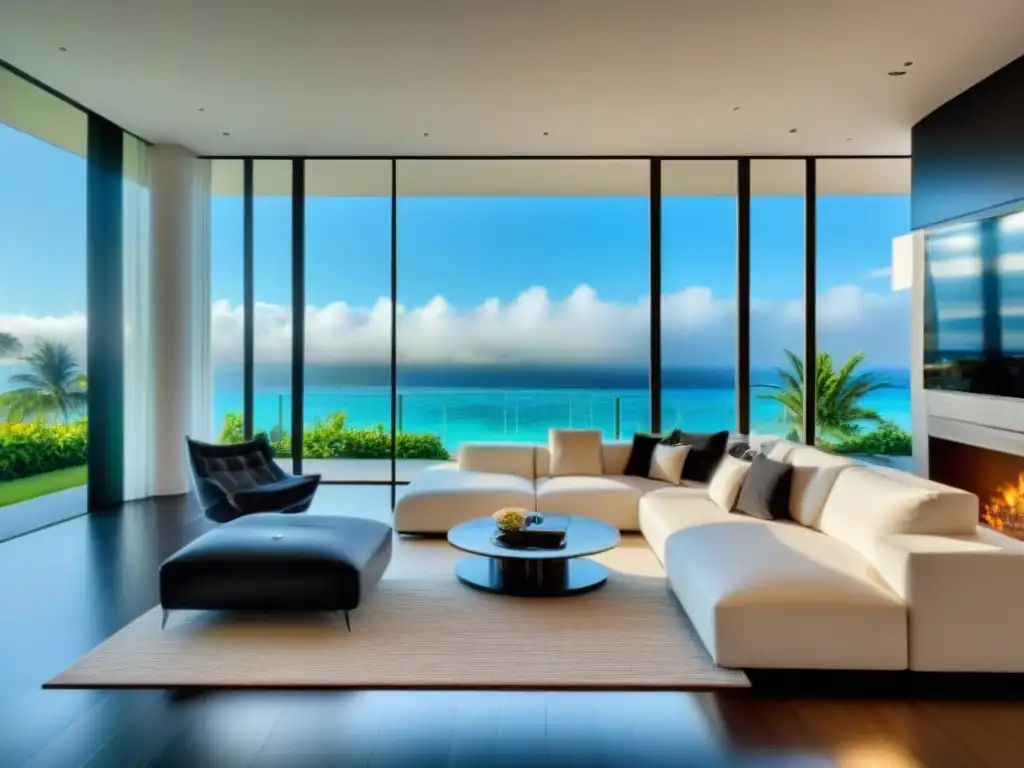 Sala de estar de lujo con vista panorámica a paraíso tropical Un espacio de lujo con vista panorámica a paraíso tropical