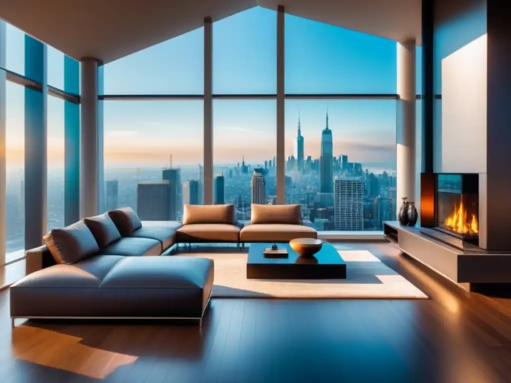 Espléndido salón de penthouse con vista panorámica de la ciudad Espacio lujoso con vista panorámica a la ciudad, ideal para estrategias venta propiedad lujo