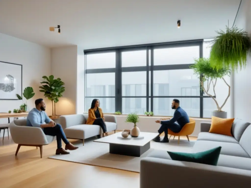 Espacio de convivencia moderno: jóvenes profesionales en armonía Un espacio de coliving moderno y acogedor con jóvenes profesionales en conversación amistosa