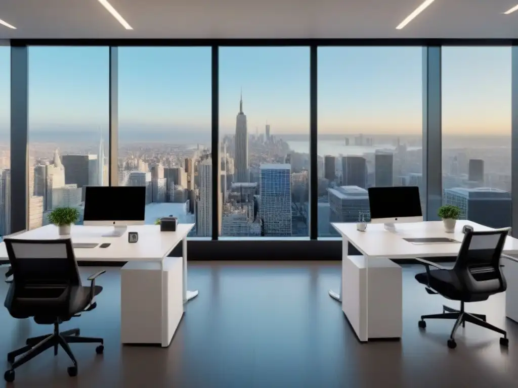Oficina Futurista con Robots AI en Ciudad - Innovación en Real Estate Un espacio de oficina futurista en una ciudad bulliciosa, lleno de robots de IA coordinando tareas inmobiliarias