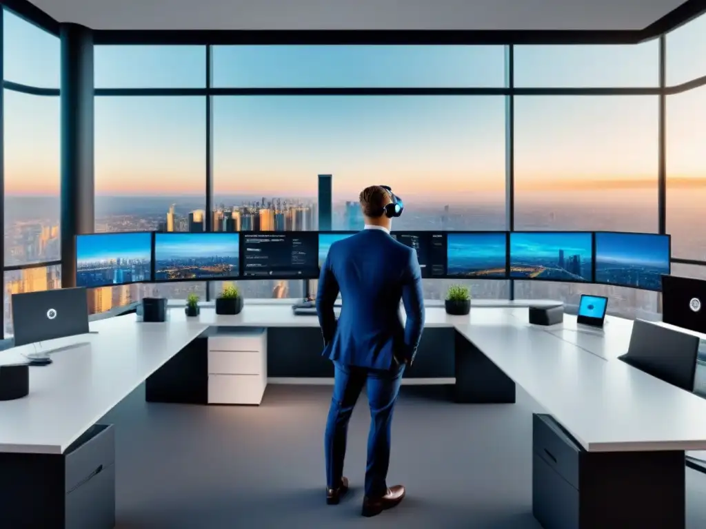 Oficina futurista con tecnología avanzada y vista panorámica de la ciudad Un espacio de oficina futurista con herramientas PropTech para agentes inmobiliarios