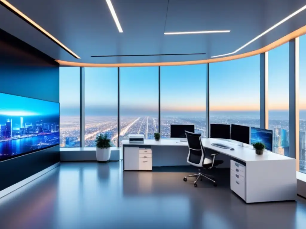 Oficina futurista 8k: tecnología vanguardista y diseño minimalista Un espacio de oficina futurista con herramientas analíticas para inversionistas inmobiliarios