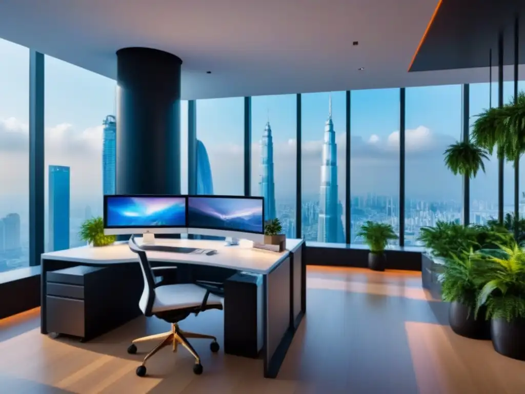 Oficina futurista en sudeste asiático: modernidad y naturaleza Un espacio de oficina futurista en Asia, con tecnología innovadora, vegetación y vistas impresionantes