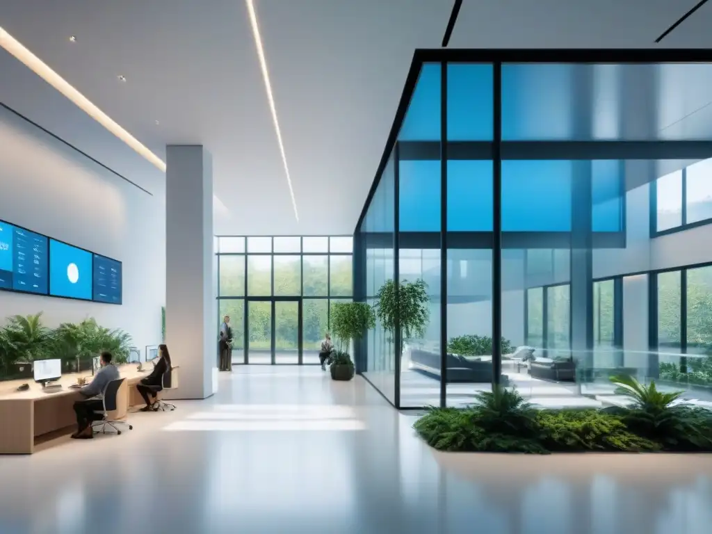Edificio de oficinas futurista con IoT integrado y diseño minimalista Un espacio de oficina futurista con tecnología IoT en bienes raíces comerciales, diseño minimalista y ambiente colaborativo