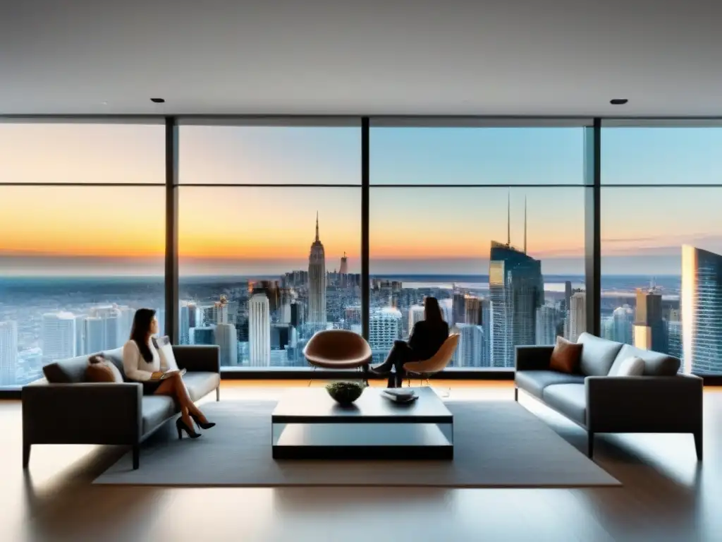 Oficina inmobiliaria moderna: innovación y creatividad Un espacio de oficina inmobiliaria moderno y elegante con vista a la ciudad