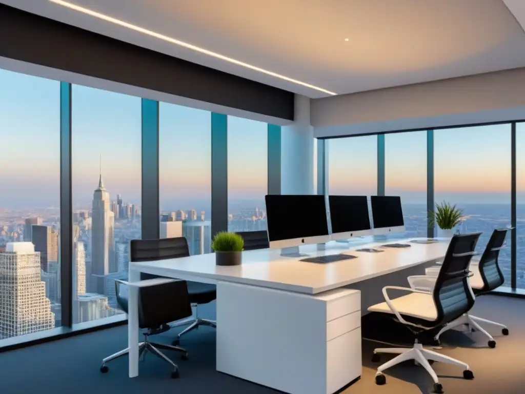 Oficina de lujo con vista panorámica y tecnología innovadora - eXp Realty Un espacio de oficina lujoso y moderno con vista a una ciudad bulliciosa