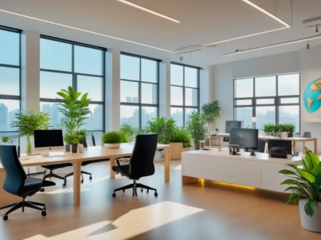 Oficina colaborativa con diseño moderno y profesionales diversos Un espacio de oficina moderno con diseño elegante, profesionales colaborando en un área compartida