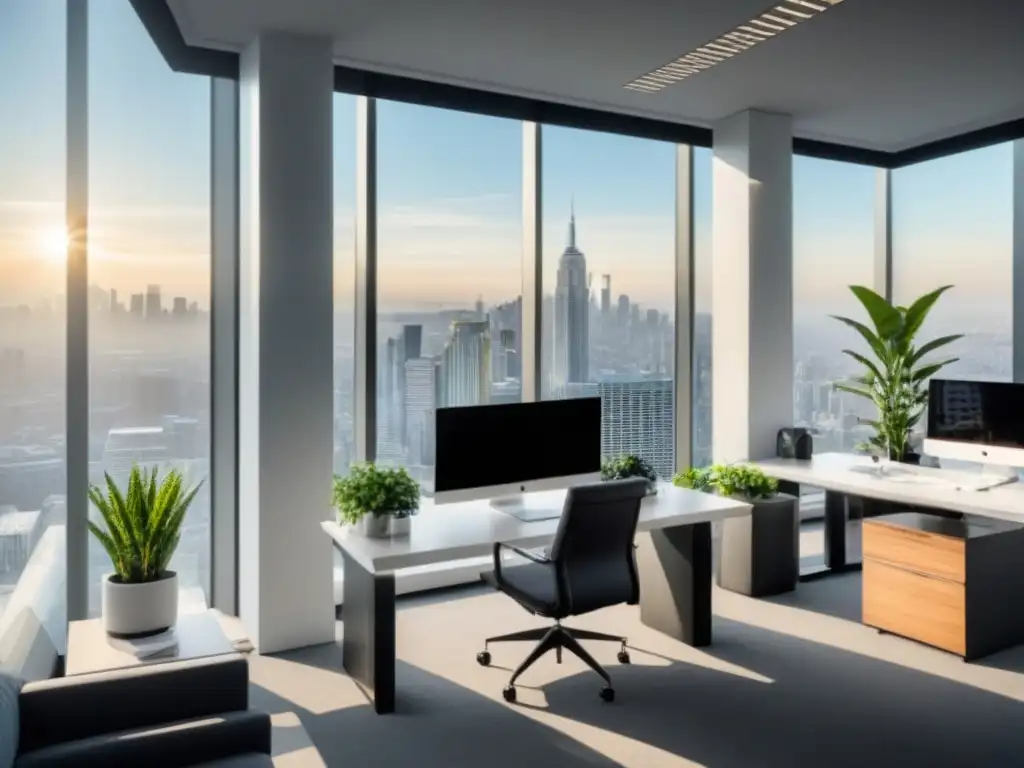 Oficina moderna con vista panorámica: elegancia y sofisticación Un espacio de oficina moderno y elegante con vista a la ciudad, destacando la sofisticación y profesionalismo