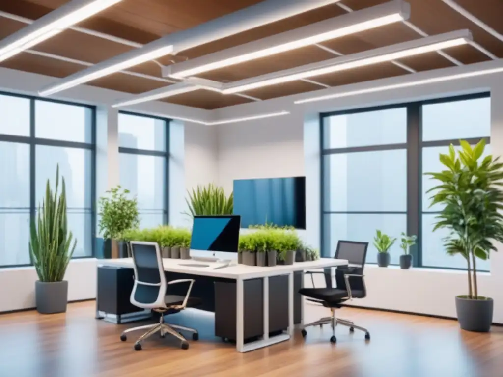 Oficina moderna iluminada por tubos solares: diseño eco-friendly Un espacio de oficina moderno iluminado por tubos solares, con muebles contemporáneos y plantas verdes