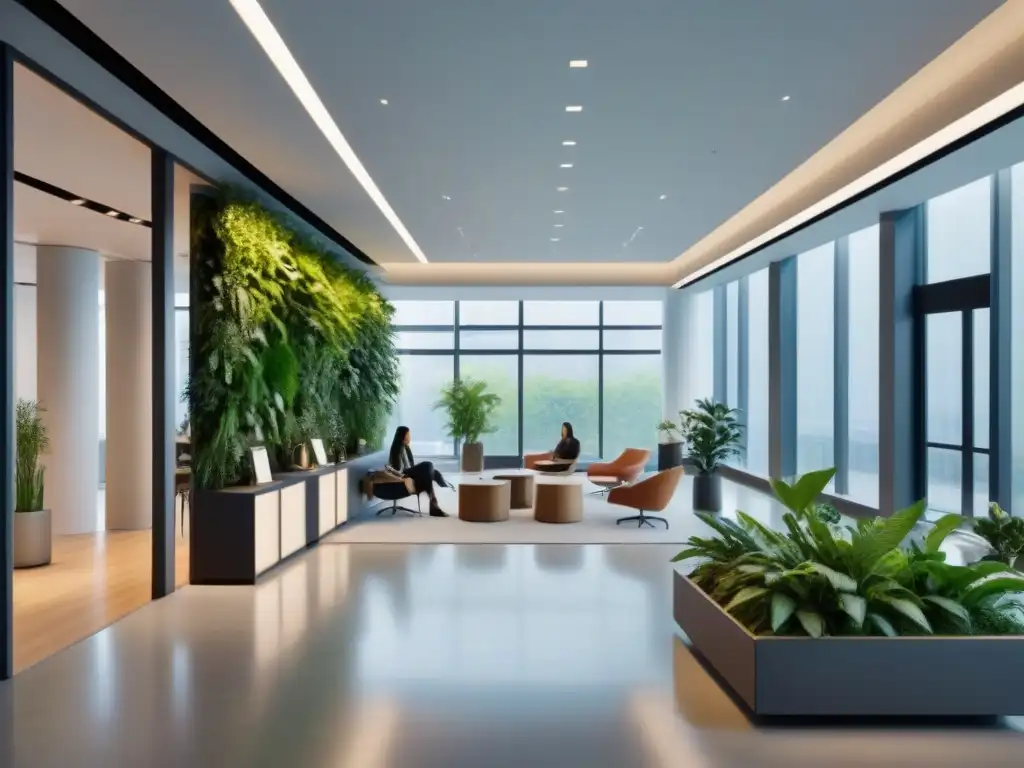 Oficina moderna y saludable: espacio biófilo para el bienestar laboral Un espacio de oficina moderno y luminoso, con muebles ergonómicos, plantas verdes y empleados activos