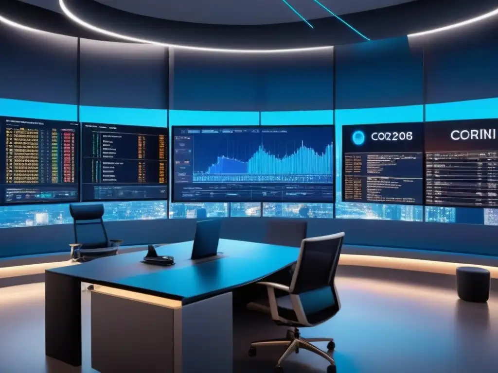 Oficina futurista con datos de criptomonedas en tiempo real Un espacio de oficina moderno con pantalla digital mostrando gráficos de criptomonedas, iluminado en azul futurista