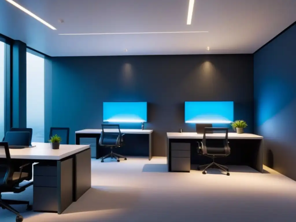 Purificadores de aire futuristas en un espacio de oficina moderno Espacio de oficina moderno con purificadores de aire futuristas integrados, creando un ambiente sano y sereno