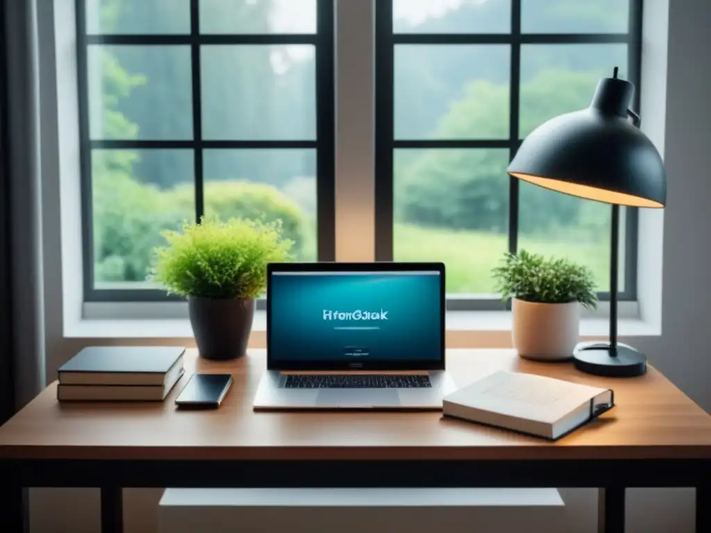 Oficina en casa tranquila y moderna para planificar finanzas Un espacio de oficina moderno y sereno con vista a un jardín exuberante, ideal para consejos de gestión financiera tiempo compartido