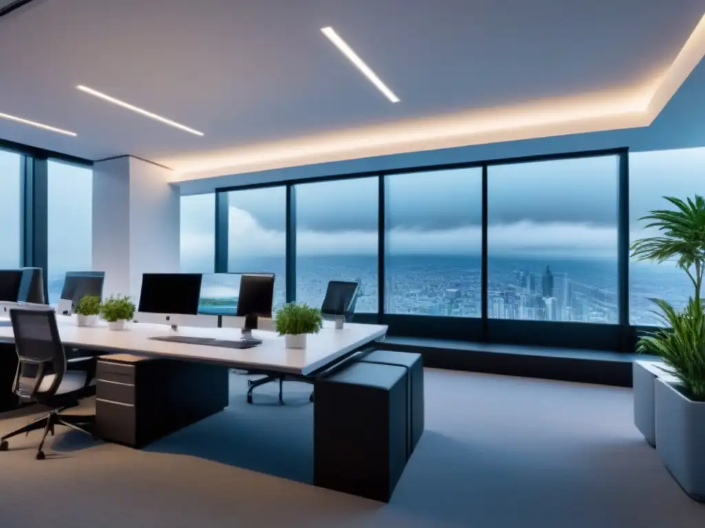 Oficina moderna con IoT integrado y diseño innovador Un espacio de oficina moderno y sofisticado con tecnología IoT integrada
