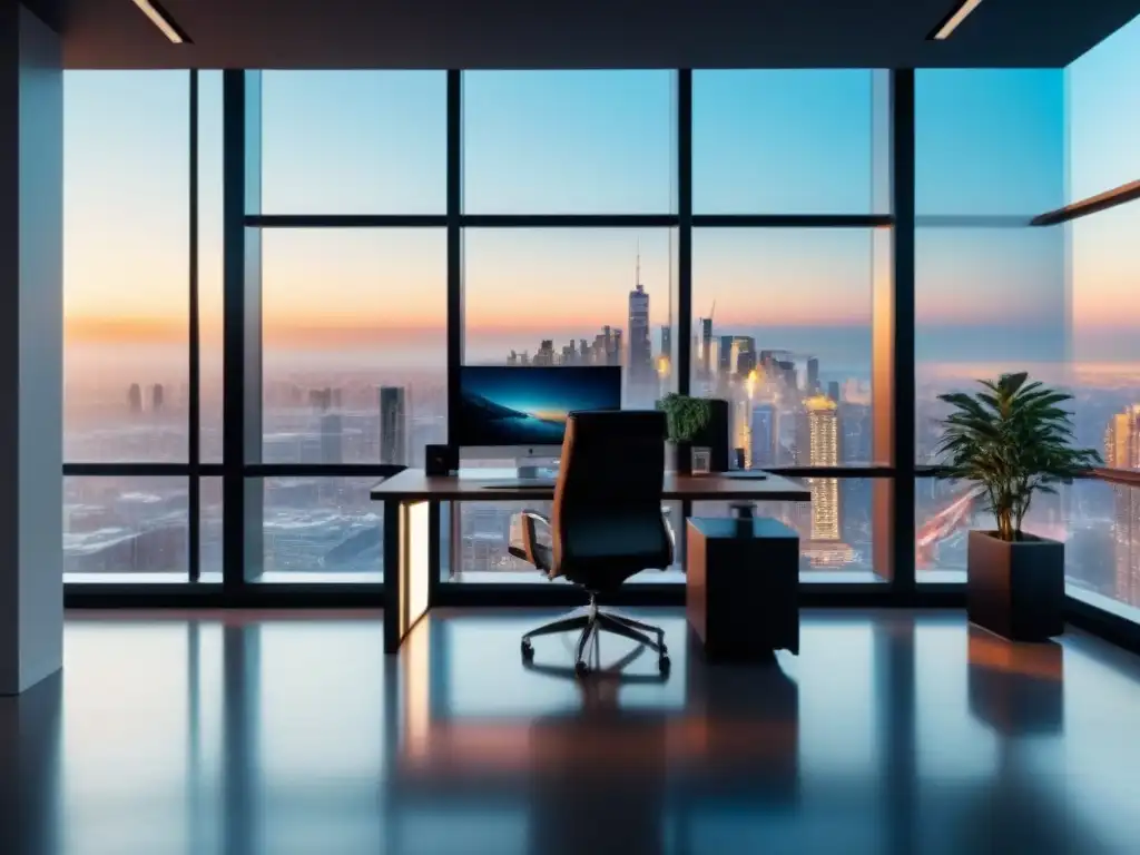 Oficina moderna con vista panorámica y tecnología futurista Espacio de oficina moderno con vista a la ciudad, mobiliario minimalista y tecnología de vanguardia