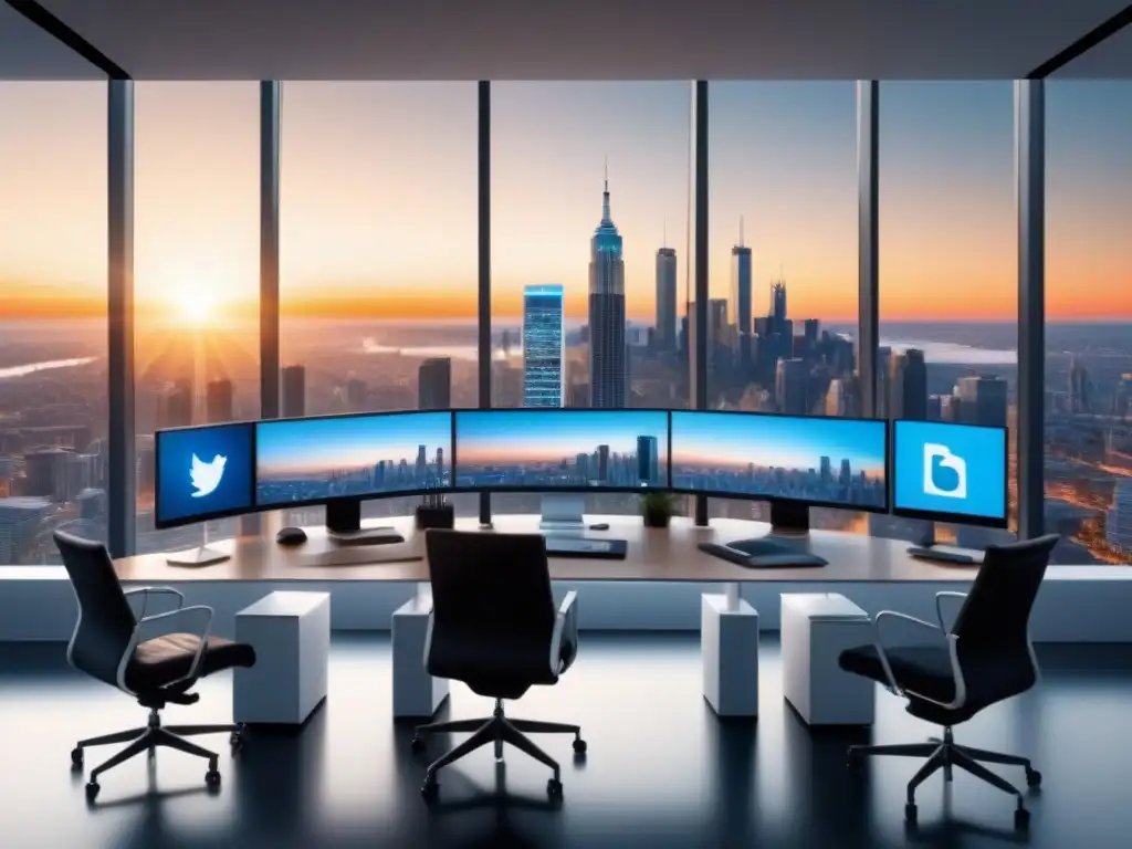 Oficina moderna con vista a la ciudad: análisis de redes sociales Espacio de oficina moderno con vista a la ciudad, muebles minimalistas y analítica de redes sociales inmobiliarias