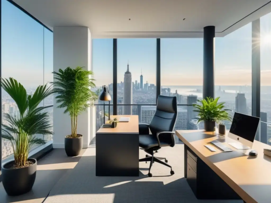 Oficina moderna con vista panorámica a la ciudad en 8k Un espacio de oficina moderno con vista a la ciudad para el marketing inmobiliario internacional en Pinterest