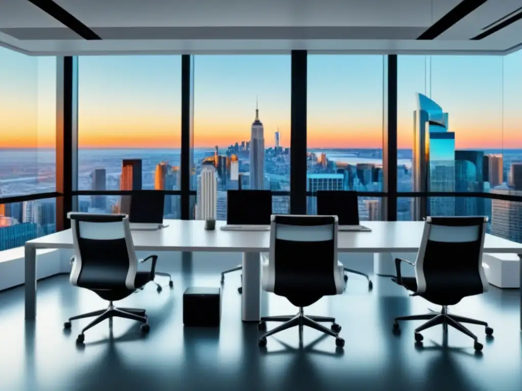 Oficina moderna con vista panorámica y tecnología de vanguardia Un espacio de oficina moderno con vista a la ciudad, abarrotado de tecnología para Plataformas de inteligencia de mercado inmobiliario