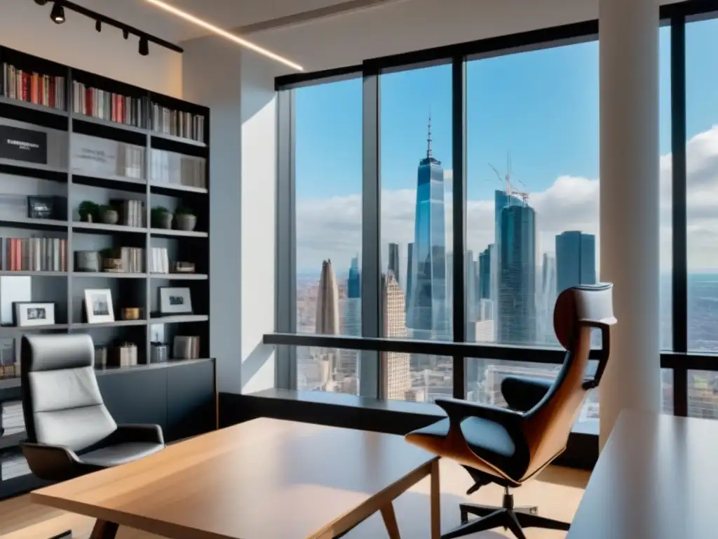 Oficina minimalista con vista a la ciudad y ambiente inspirador Un espacio de oficina moderno con vista a la ciudad, un escritorio de madera, silla ergonómica y laptop mostrando ventas