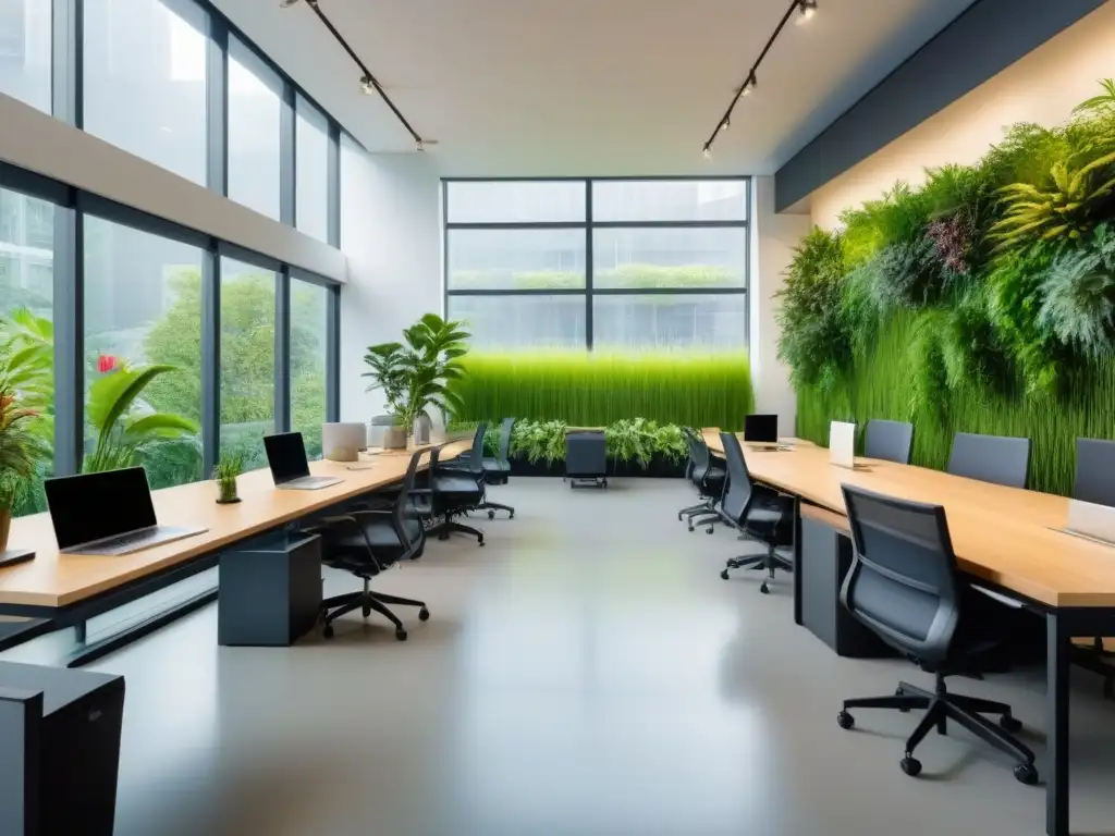 Oficina sostenible: luz natural, bamboo y jardín vertical Un espacio de trabajo ecoamigable y rentable con mobiliario de bambú, iluminación LED y una pared verde vibrante