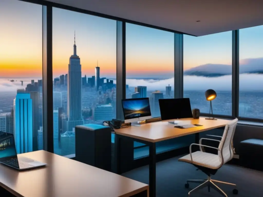 Oficina digital de alta tecnología para reventa de tiempos compartidos Un espacio de trabajo moderno para una agencia de marketing digital, con vista a la ciudad