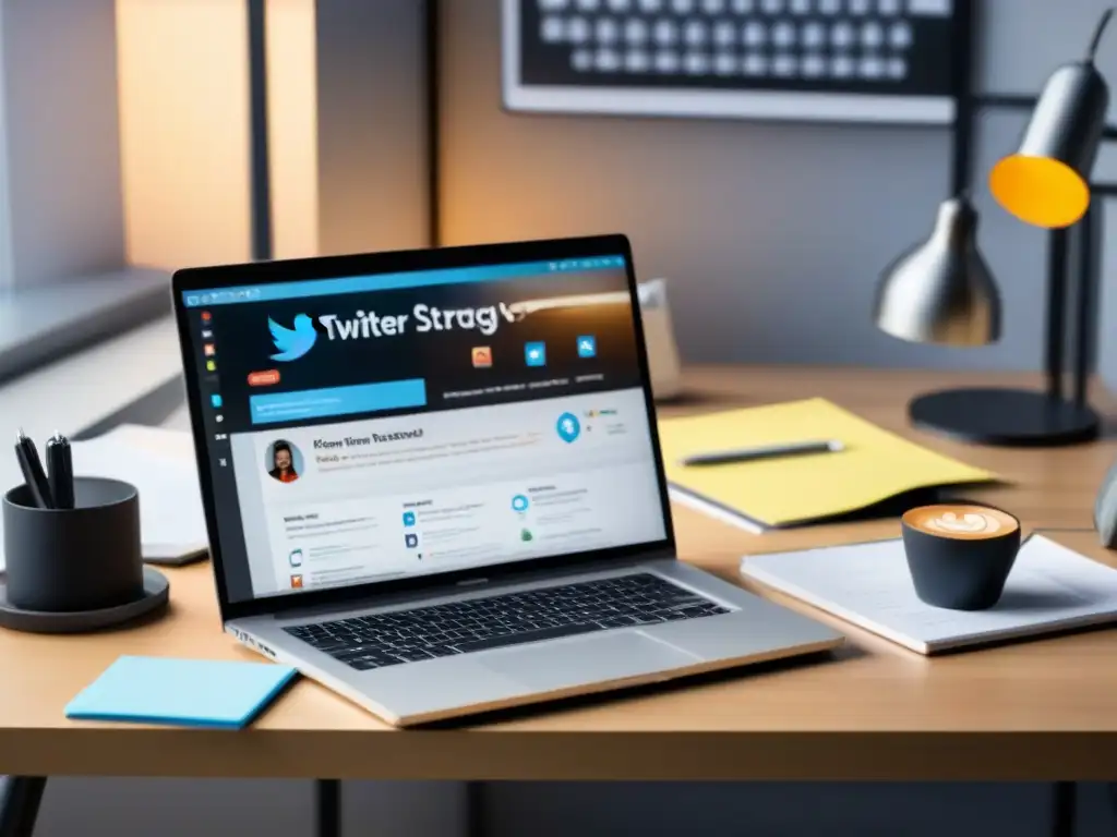 Oficina moderna con estrategia de contenido en Twitter Un espacio de trabajo moderno y detallado con una estrategia de contenido para Twitter bien elaborada, gráficos y notas clave