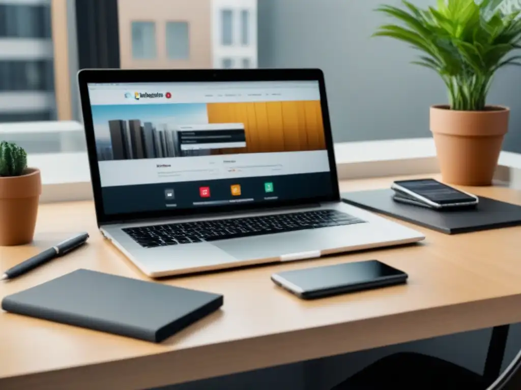 Oficina moderna con análisis de Instagram para marketing inmobiliario Un espacio de trabajo moderno con laptop y gráficos de Instagram, ideal para Marketing en Instagram para inmobiliarias