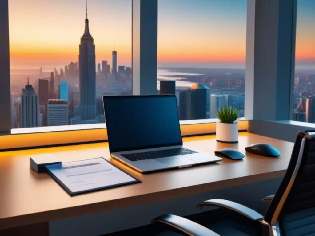 Oficina moderna con vista panorámica: eficiencia financiera Un espacio de trabajo moderno y sofisticado en una oficina con vista a la ciudad, transmitiendo profesionalismo y eficiencia