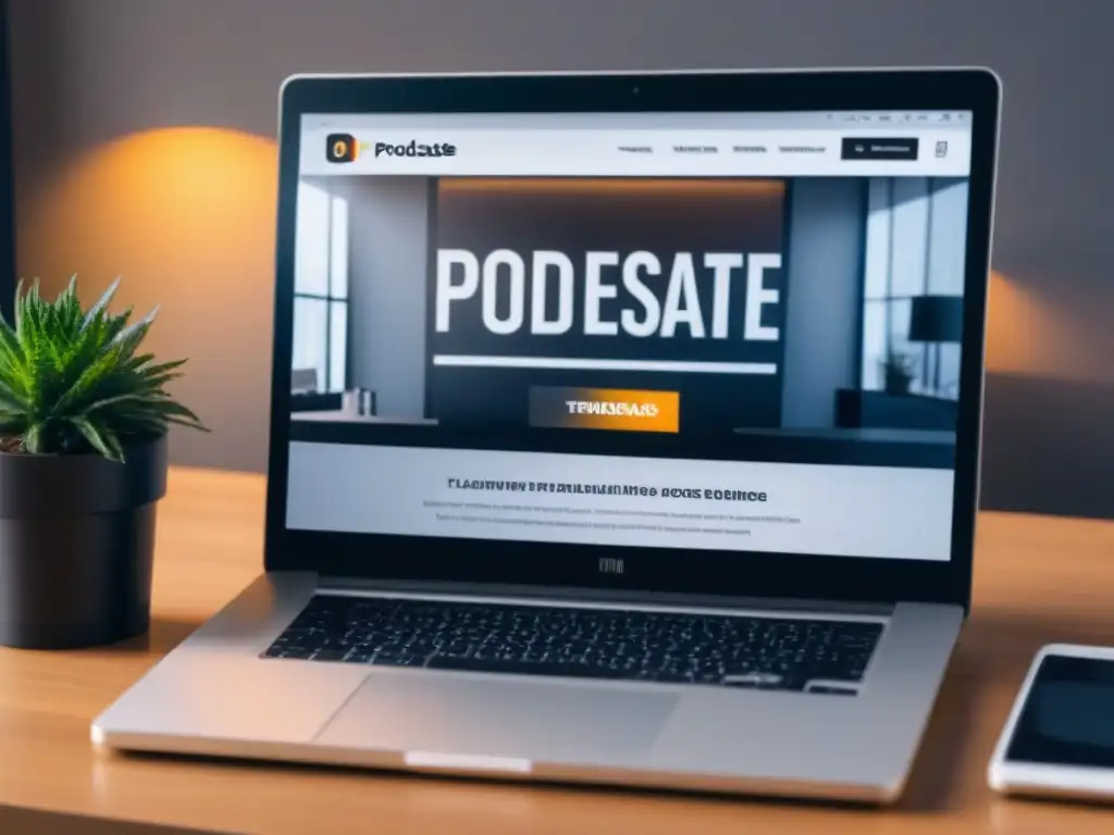 Oficina digital con podcast inmobiliario y gráficos Un espacio de trabajo profesional y contemporáneo con integración de podcasts en la estrategia de marketing inmobiliario internacional
