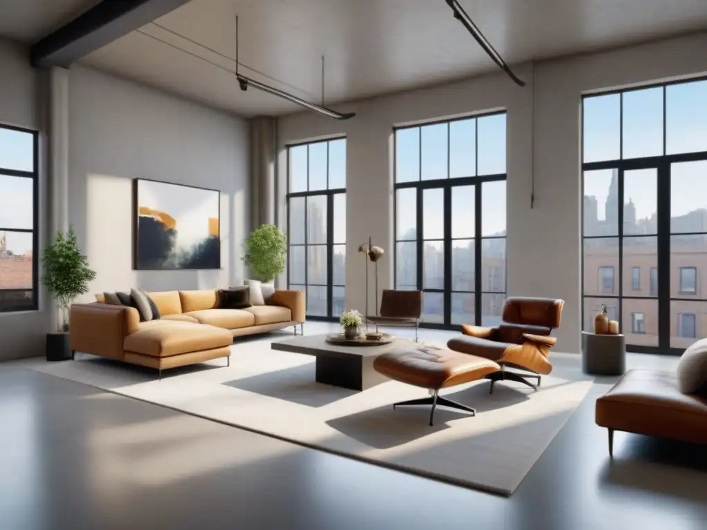 Salón urbano renovado: diseño industrial y contemporáneo en 8k Espacio urbano renovado con diseño industrial y contemporáneo
