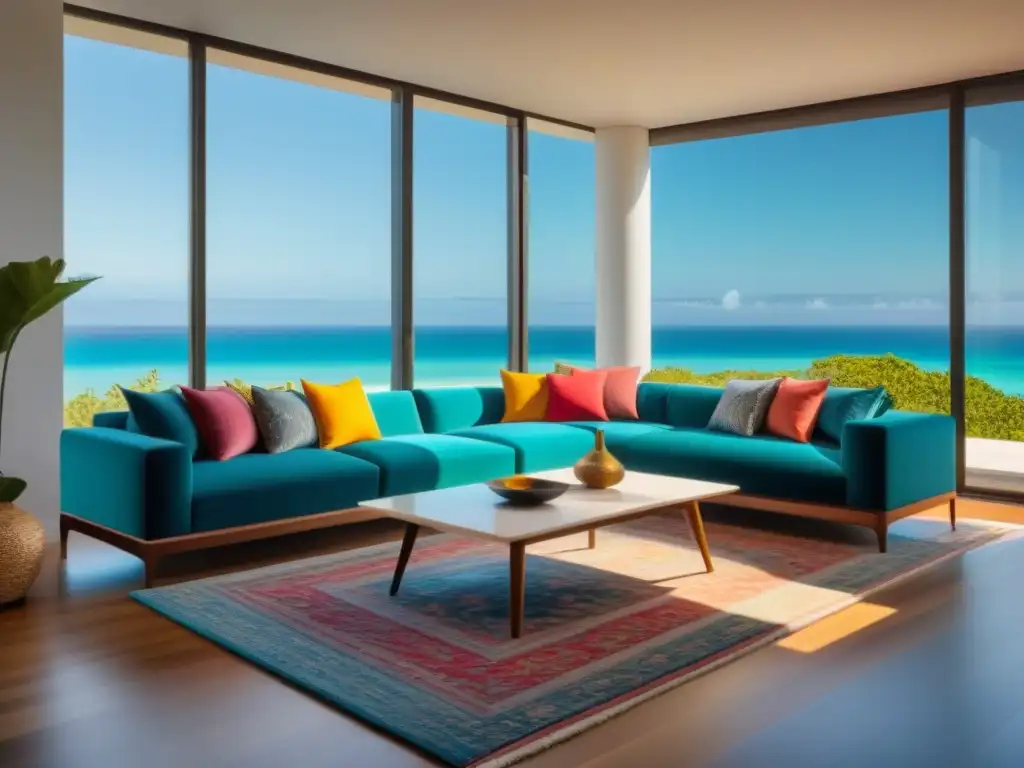 Salón de alquiler vacacional moderno con vista a la playa tropical Espacio vacacional moderno con decoración vibrante y vista a la playa