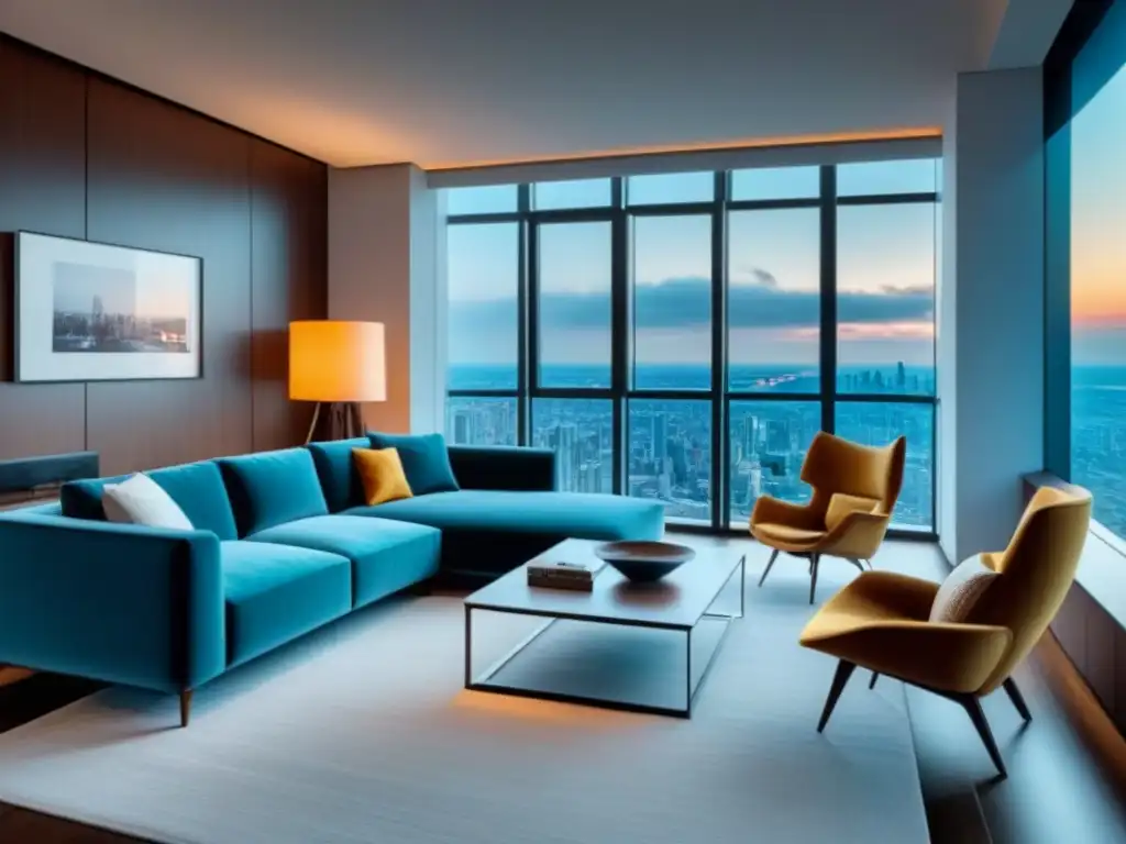 Salón de lujo en rascacielos: moderno, elegante y con vistas panorámicas Espacio de vida moderno en un apartamento de lujo con vista a la ciudad