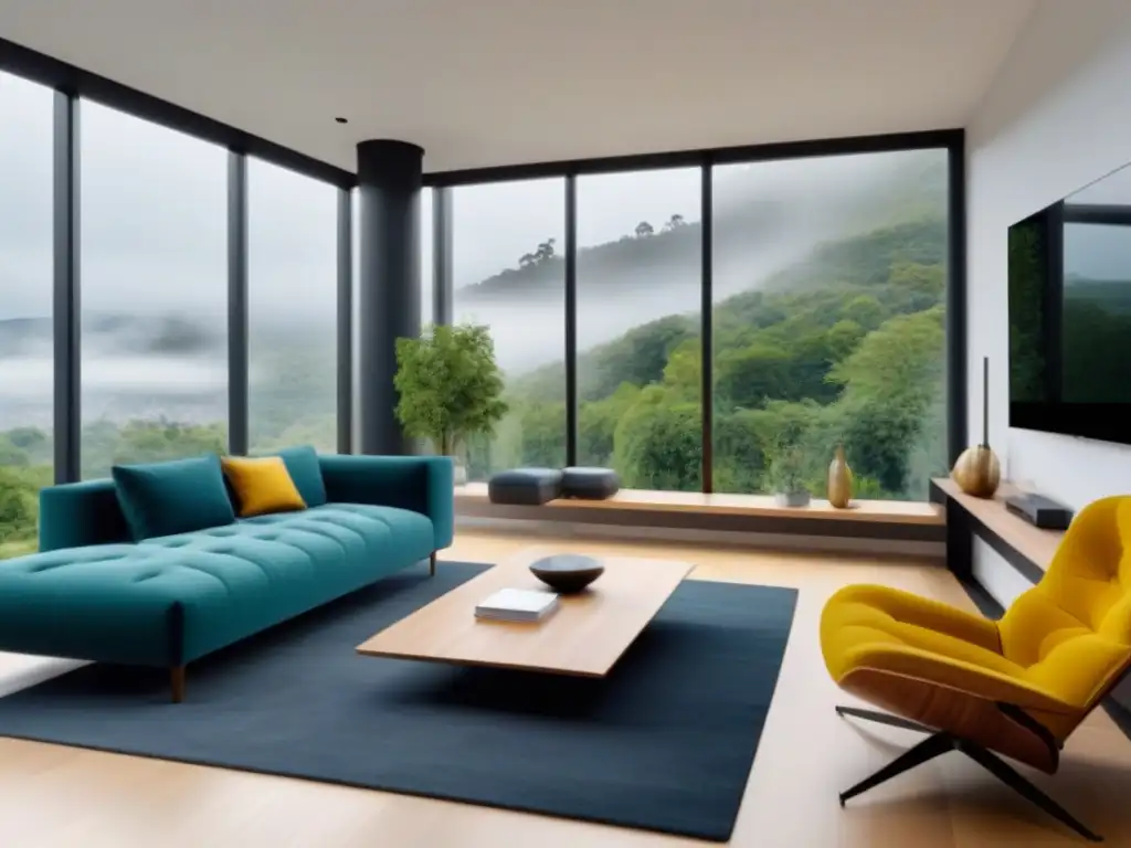 Salón minimalista y funcional para familias nómadas digitales Espacio de vida moderno para familias nómadas digitales en el mercado inmobiliario