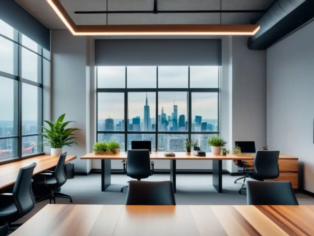 Espacio de coworking moderno con vista panorámica de la ciudad Espacios de coworking internacionales rentables: Un moderno y luminoso lugar de trabajo con vista panorámica a la ciudad