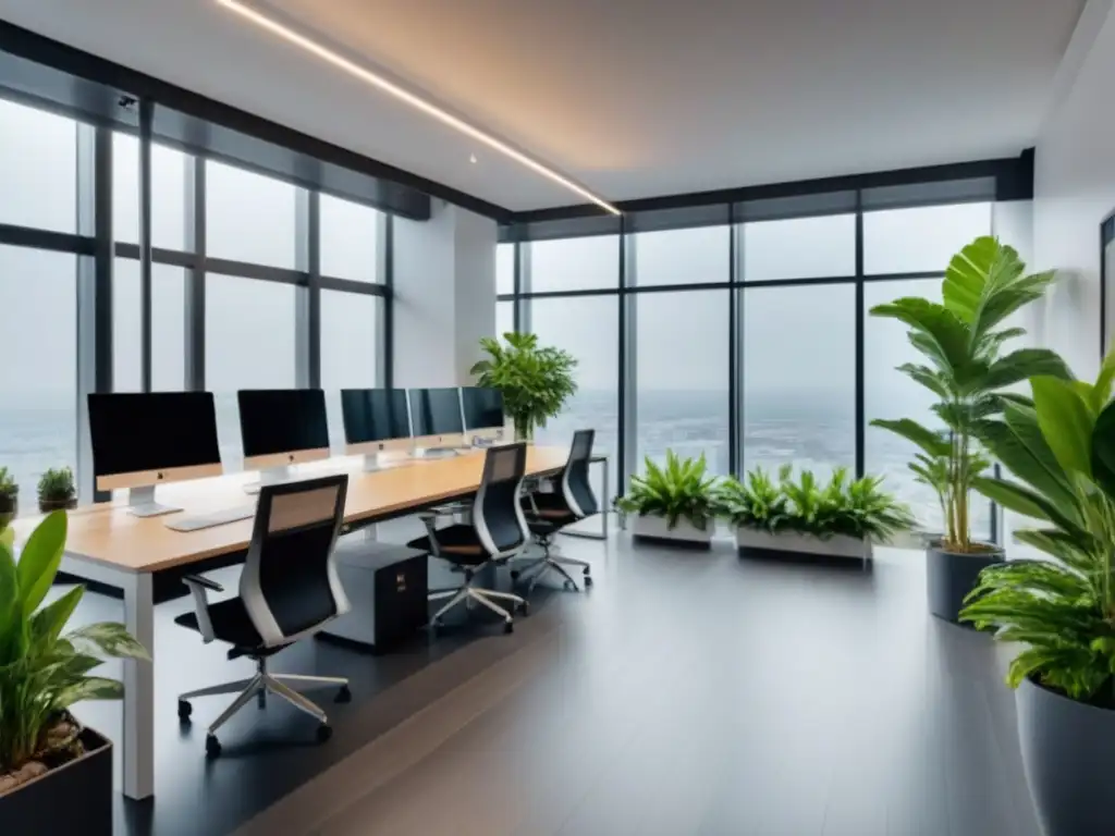 Espacio de coworking moderno y vibrante en 8k Espacios de coworking en inversiones: Oficina moderna y vibrante con plantas verdes y tecnología de vanguardia en un ambiente productivo y acogedor